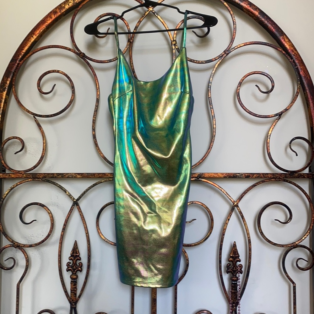 Iridescent green mini dress.